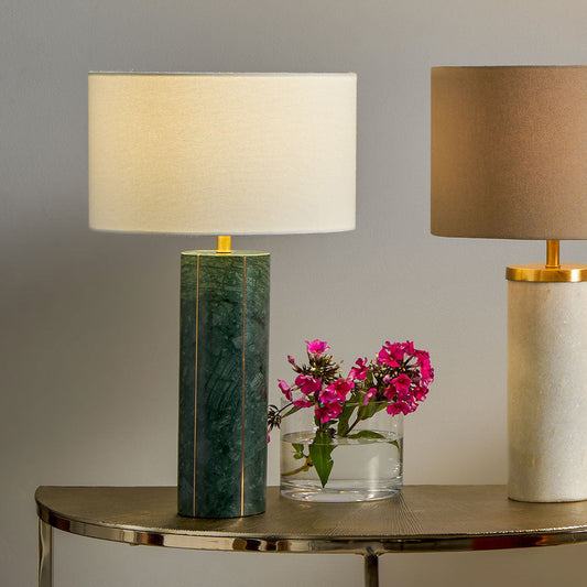 Luxurious Green Marble Table Lamp – Gold Accent & Modern Fabric Shade  