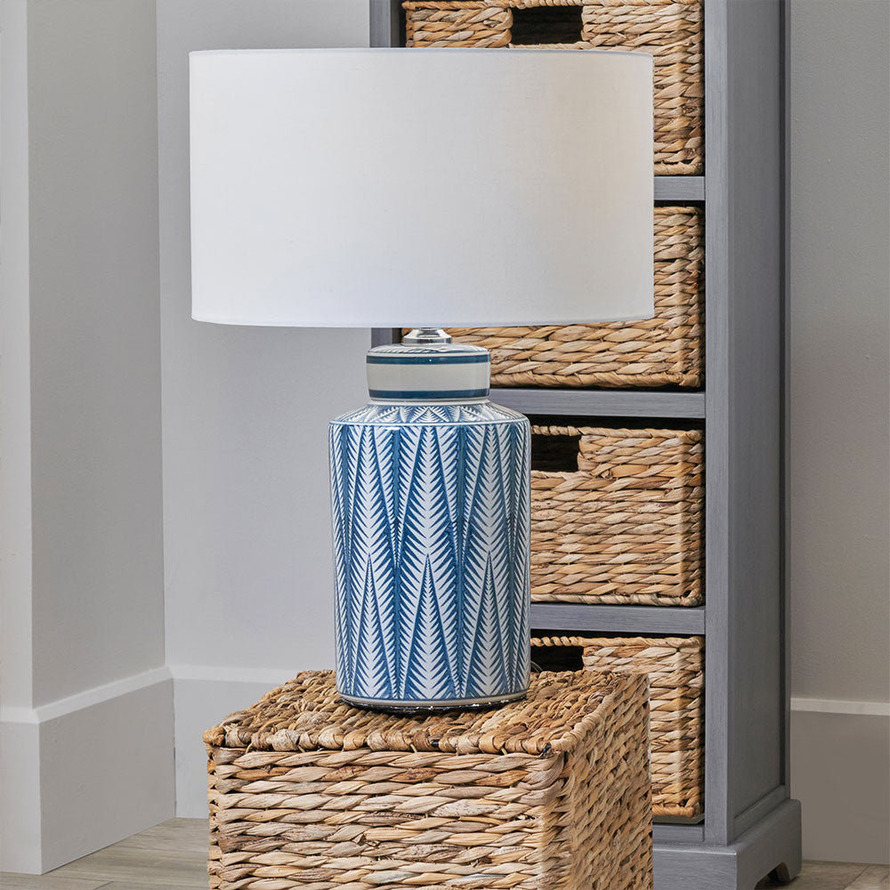 Elegant Blue Ceramic Table Lamp – White Shade & Patterned Design  
