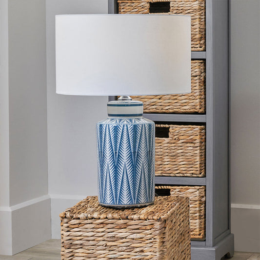 Elegant Blue Ceramic Table Lamp – White Shade & Patterned Design  