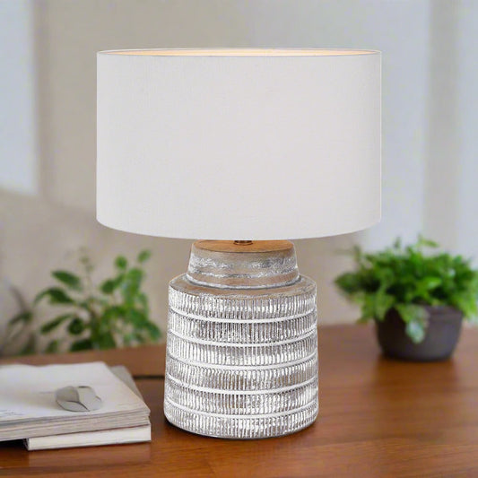 Rustic White Wooden Table Lamp – Textured Base & Neutral Drum Shade - 