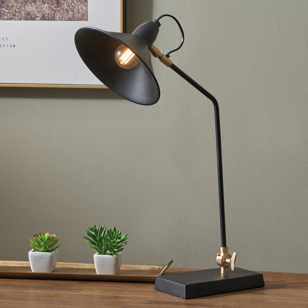Industrial Metal Desk Lamp – Matt Black Finish & Adjustable Brass Accent  