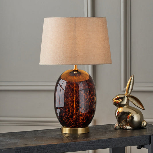Sophisticated Tortoiseshell Glass Lamp with Fabric Shade – Elegant & Contemporary  