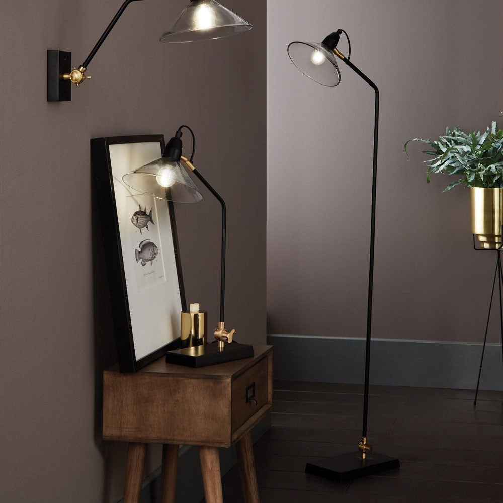 Industrial Black Floor Lamp – Metal Frame with Glass Shade  