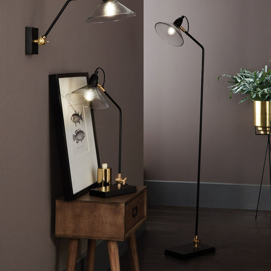 Industrial Black Floor Lamp – Metal Frame with Glass Shade  