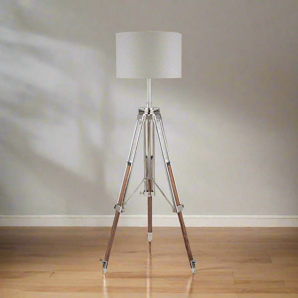 Vintage Tripod Floor Lamp – Wood & Nickel Finish