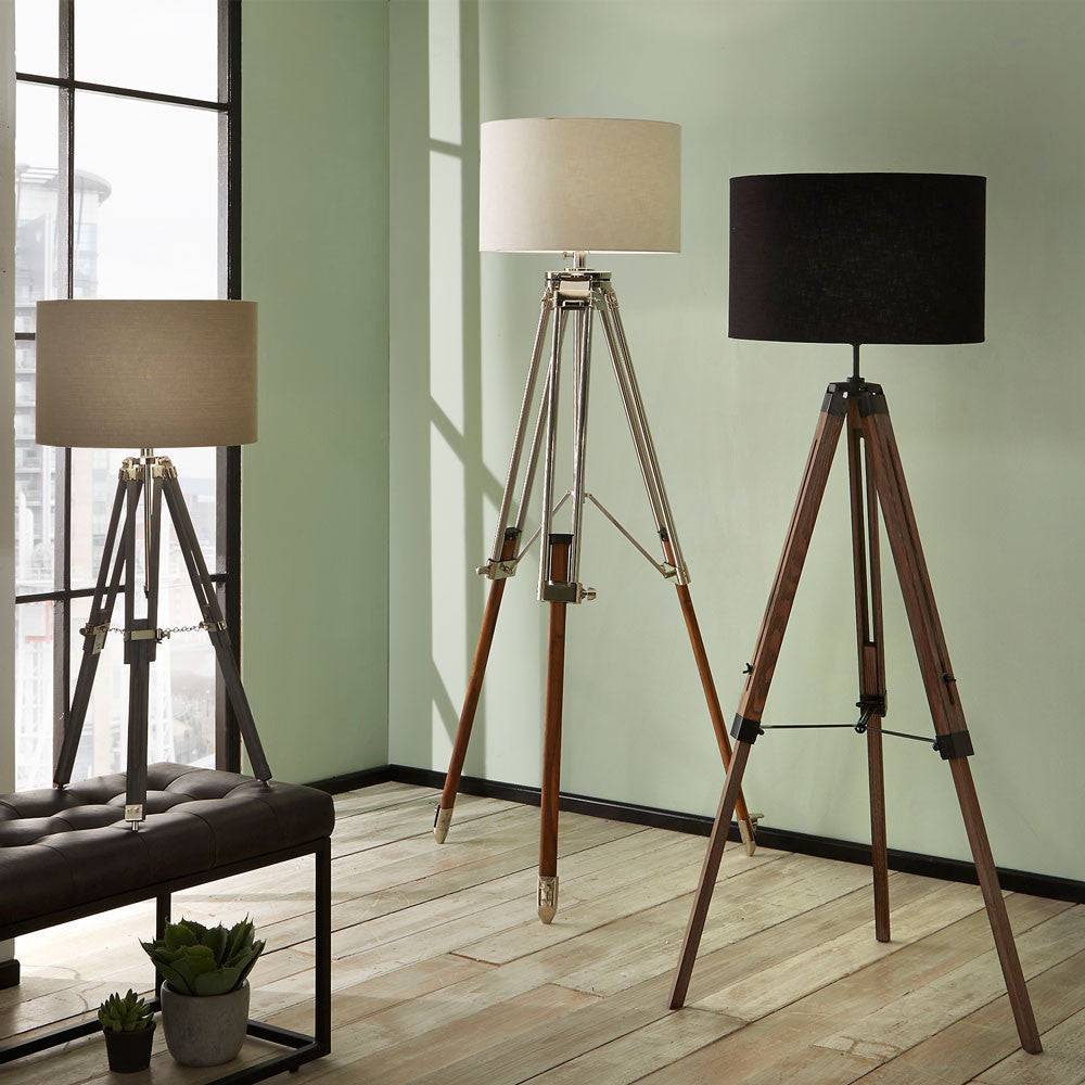Vintage Tripod Floor Lamp – Wood & Nickel Finish  