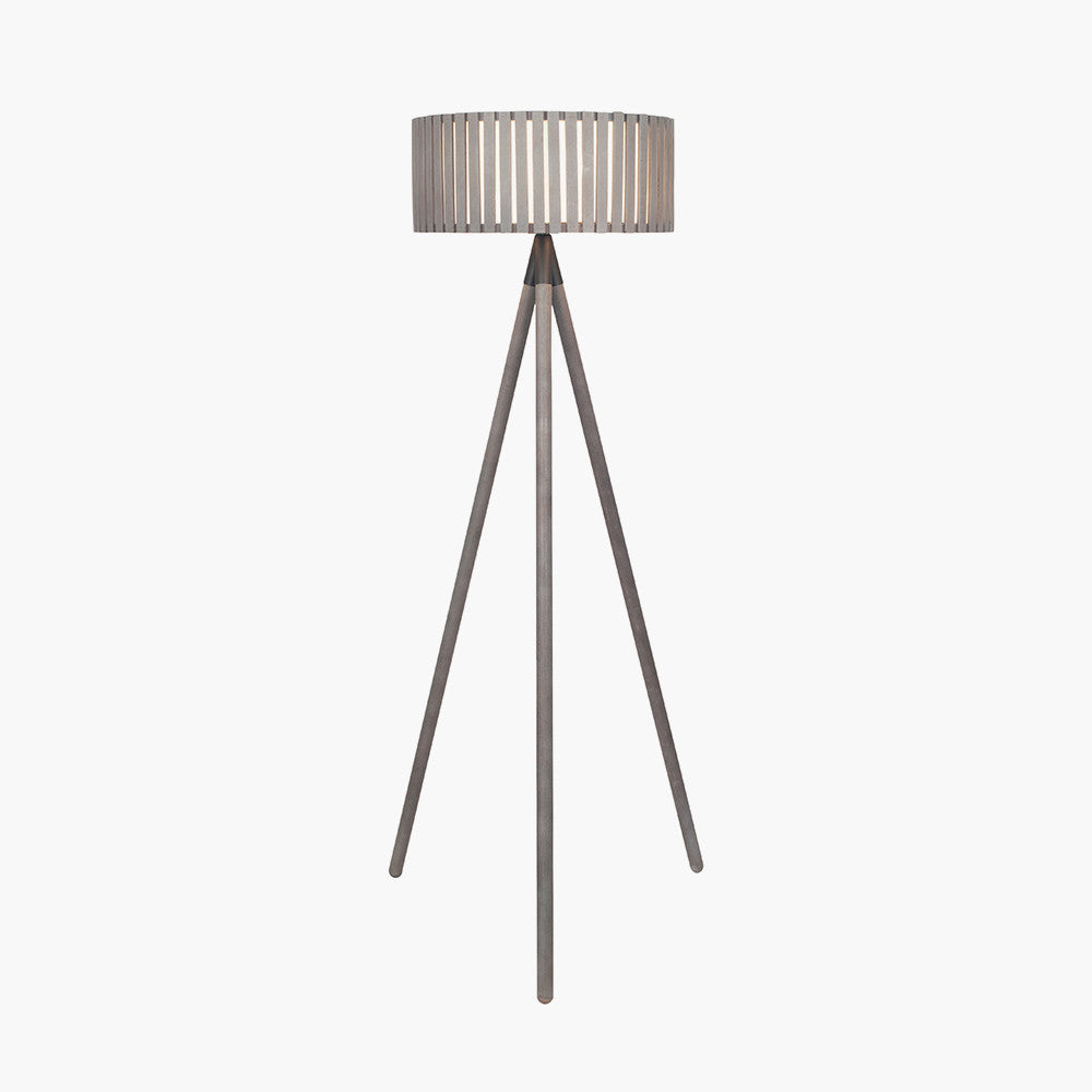 Charming Weathered Wood Tripod Floor Lamp – Modern Slatted Shade