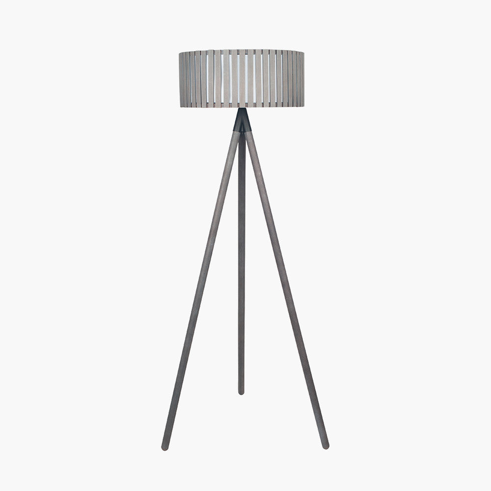 Charming Weathered Wood Tripod Floor Lamp – Modern Slatted Shade