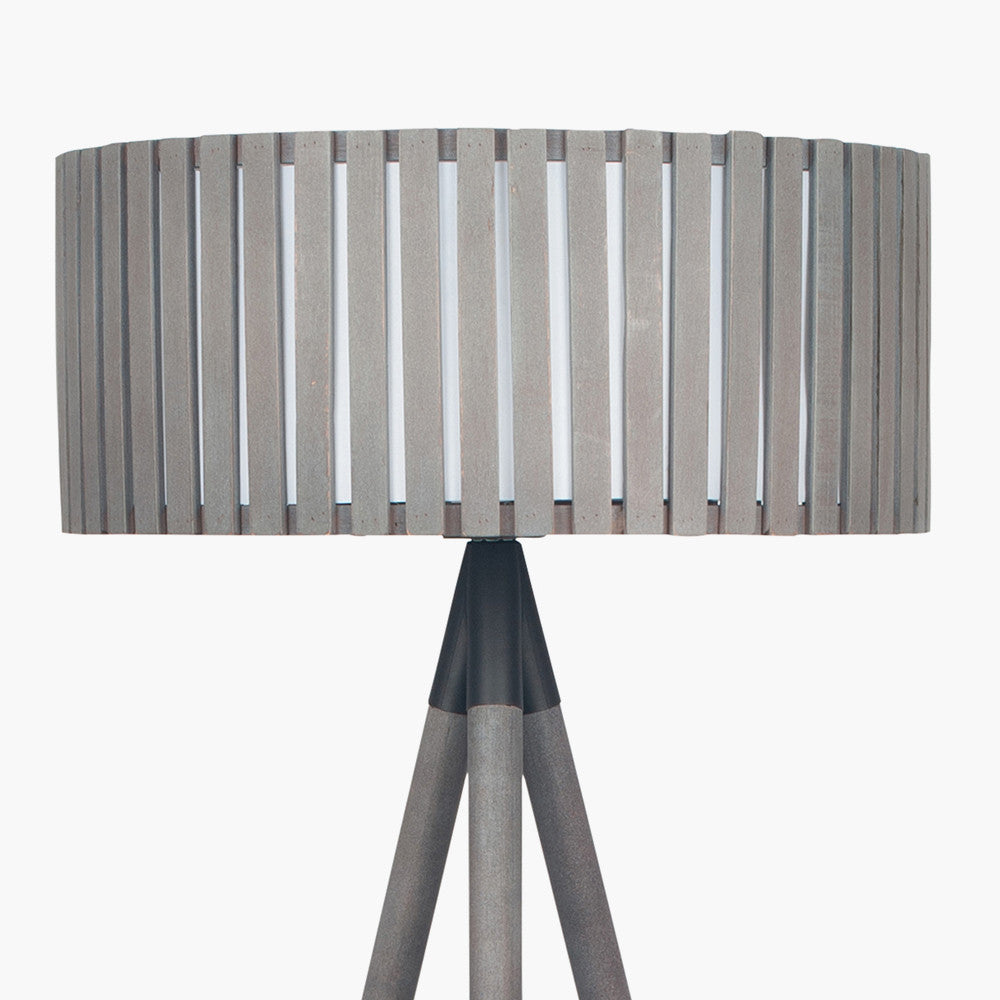 Charming Weathered Wood Tripod Floor Lamp – Modern Slatted Shade