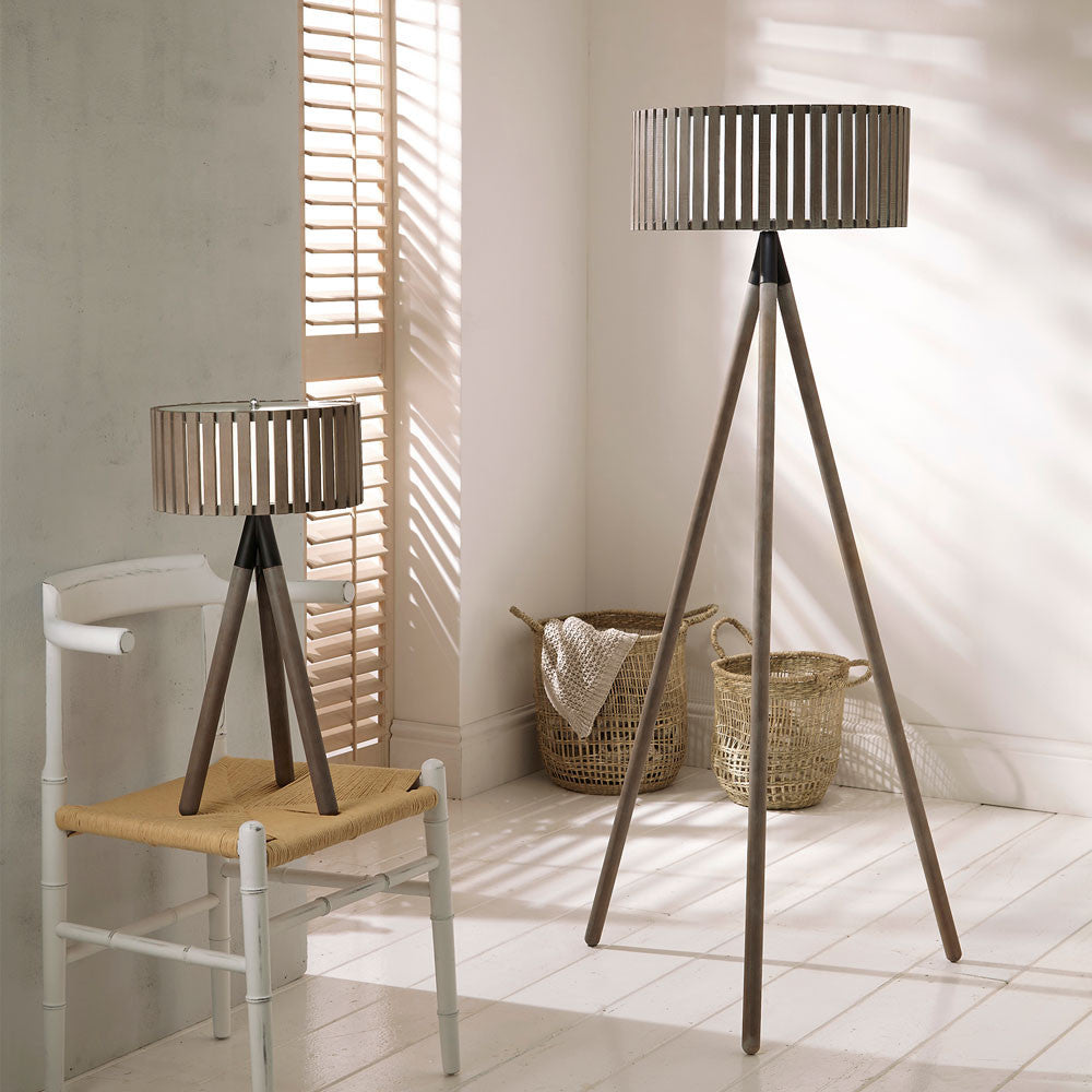 Charming Weathered Wood Tripod Floor Lamp – Modern Slatted Shade  