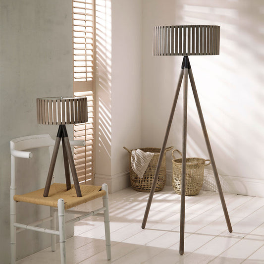 Charming Weathered Wood Tripod Floor Lamp – Modern Slatted Shade  