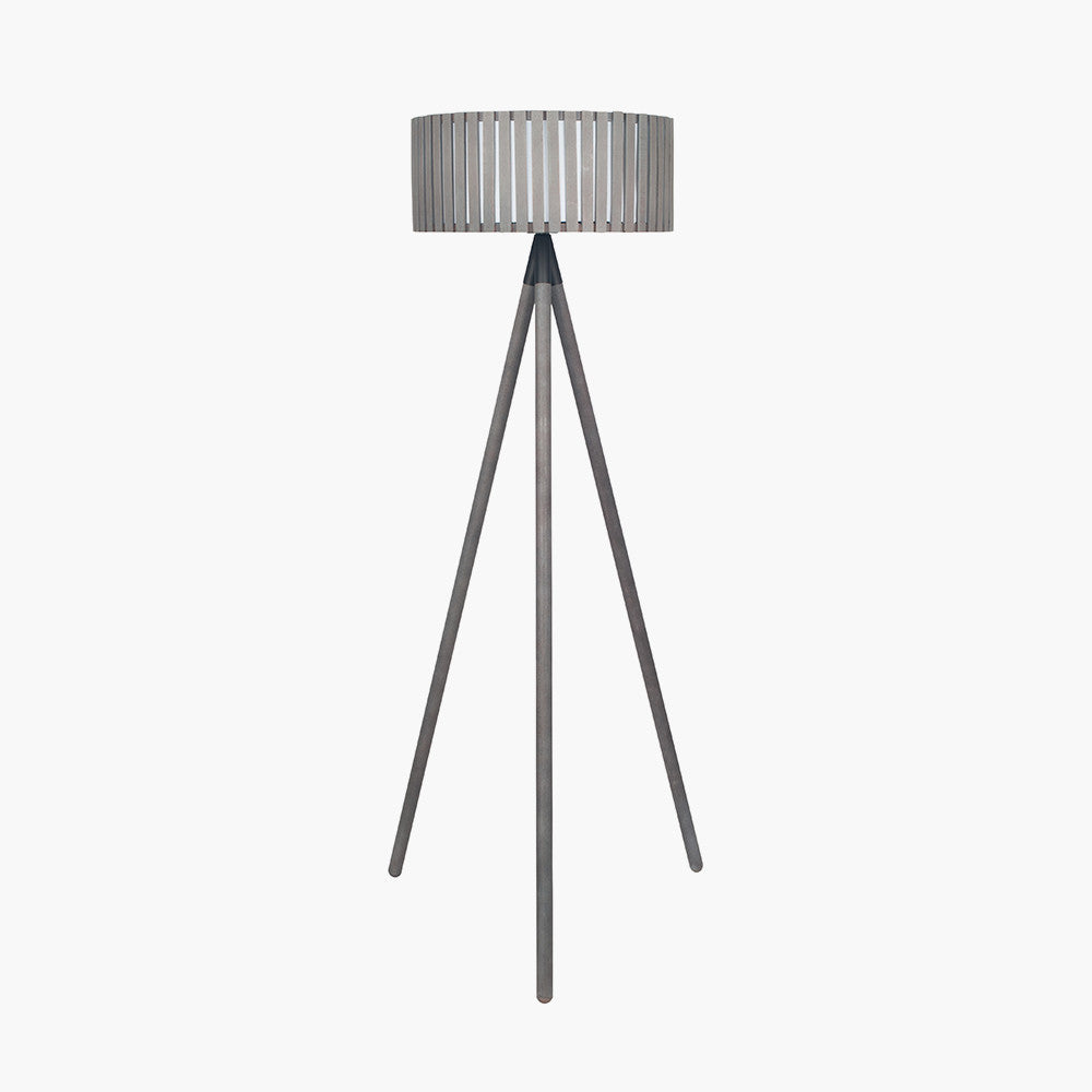Charming Weathered Wood Tripod Floor Lamp – Modern Slatted Shade  