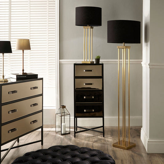 Sophisticated Satin Brass Floor Lamp – Modern Metal Frame & Black Shade  