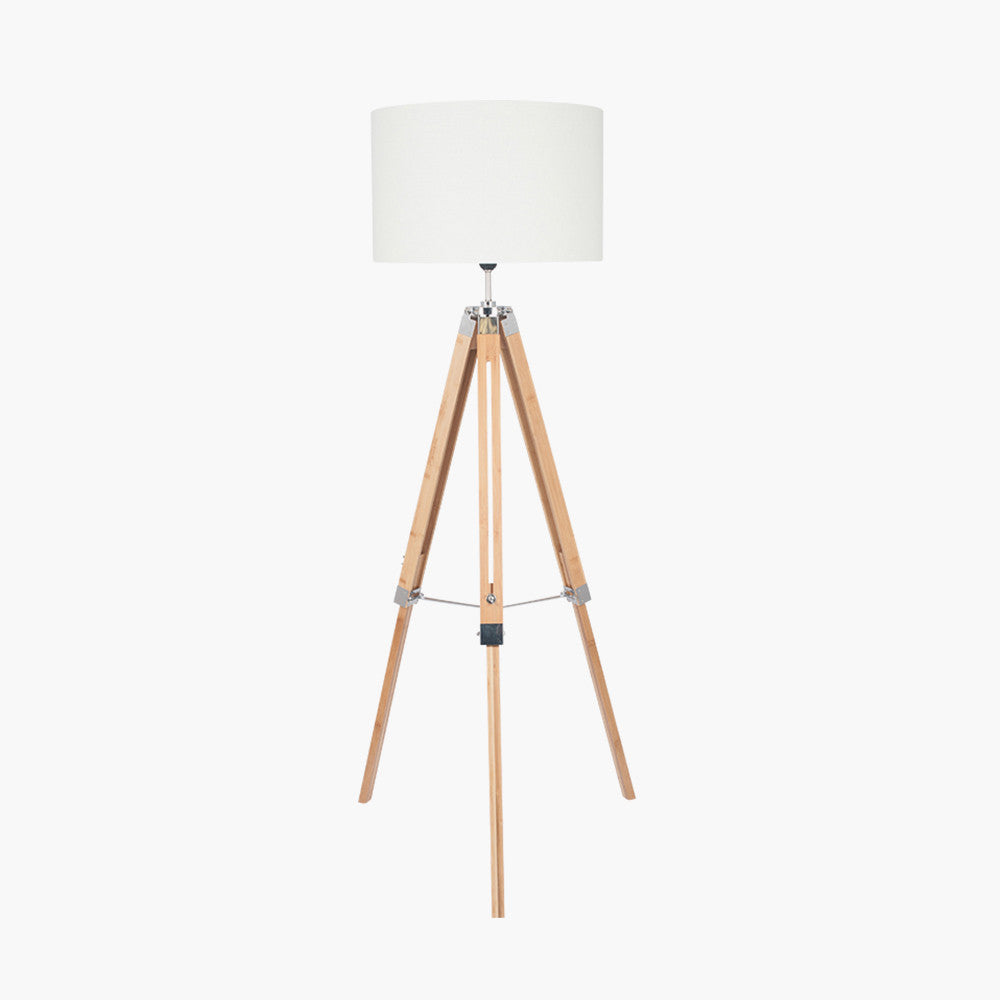 Chic Natural Wood Tripod Floor Lamp – Adjustable Height & Fabric Shade
