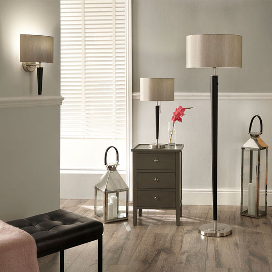 Modern Black & Silver Floor Lamp – Sleek Metal Design with Neutral Shade  
