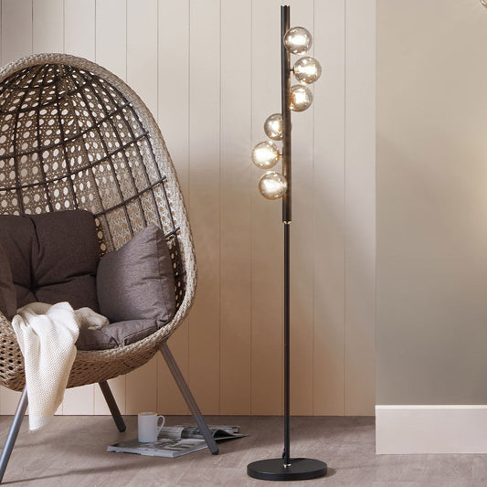Contemporary Black Floor Lamp – Smoke Glass Globe Shades & LED Compatible  