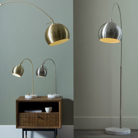 Modern Brushed Silver Floor Lamp – Arched Design with Marble Base  