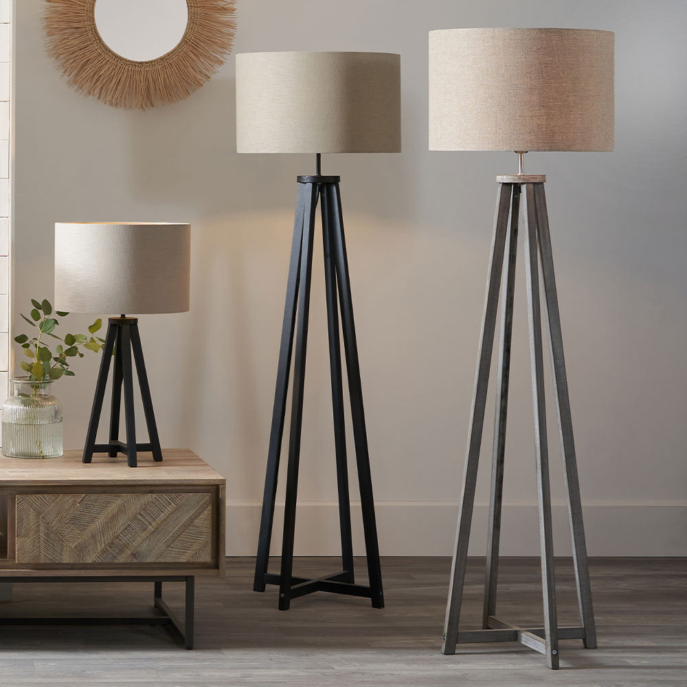 Modern Grey Wash Wooden Tripod Floor Lamp – Contemporary Style  