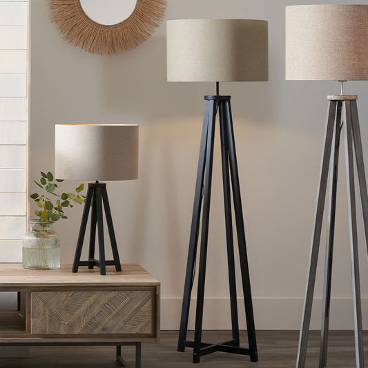 Modern Matt Black Wooden Tripod Floor Lamp – Sleek Design with Neutral Shade  