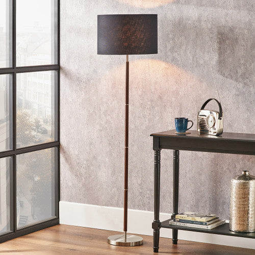 Sophisticated Black & Silver Floor Lamp – Wood Veneer with Faux Cotton Shade  
