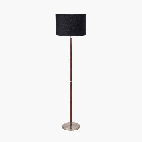 Sophisticated Black & Silver Floor Lamp – Wood Veneer with Faux Cotton Shade  