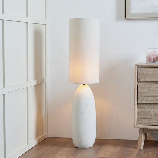 Modern White Ceramic Floor Lamp With An Off White Cotton Shade - Decor Interiors