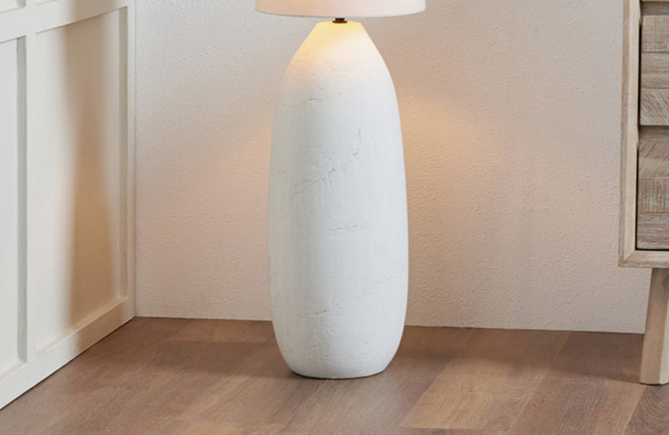 Modern White Ceramic Floor Lamp With An Off White Cotton Shade