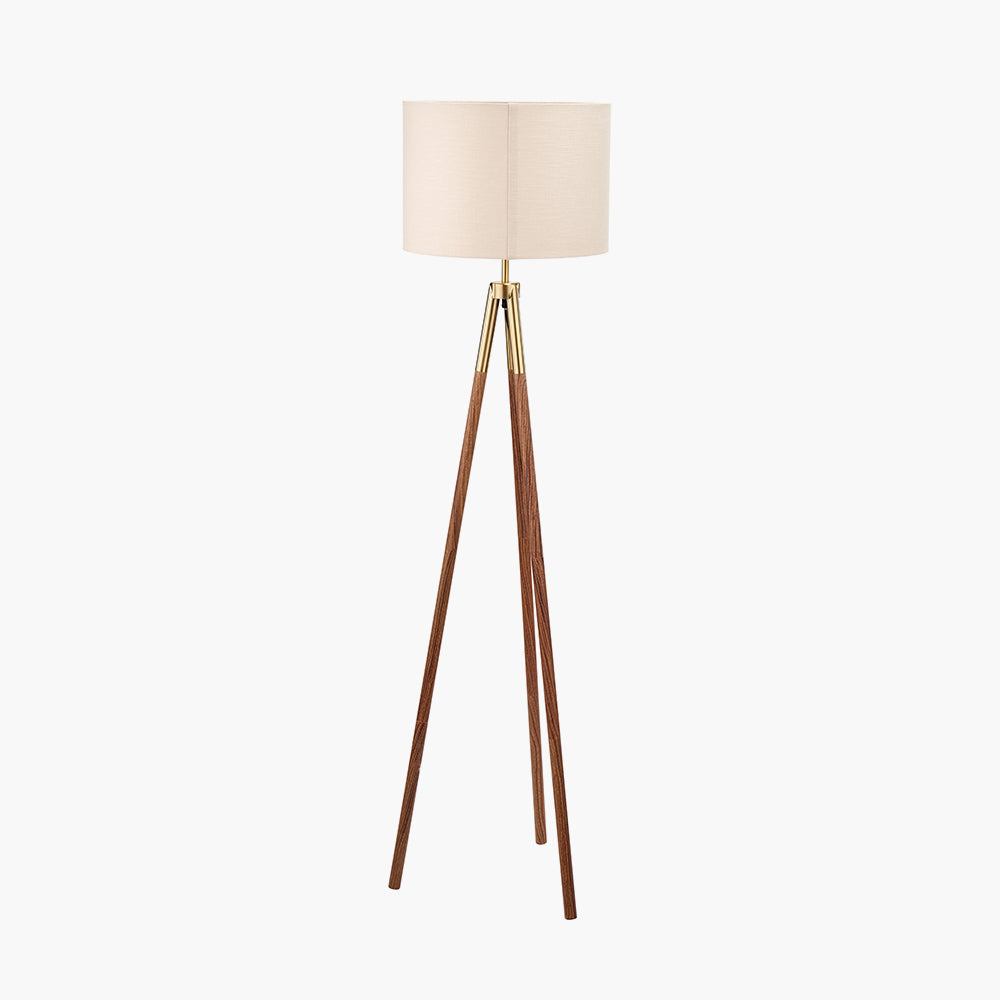 Traditional Dark Wood & Gold Tripod Floor Lamp with Natural Fabric Shade