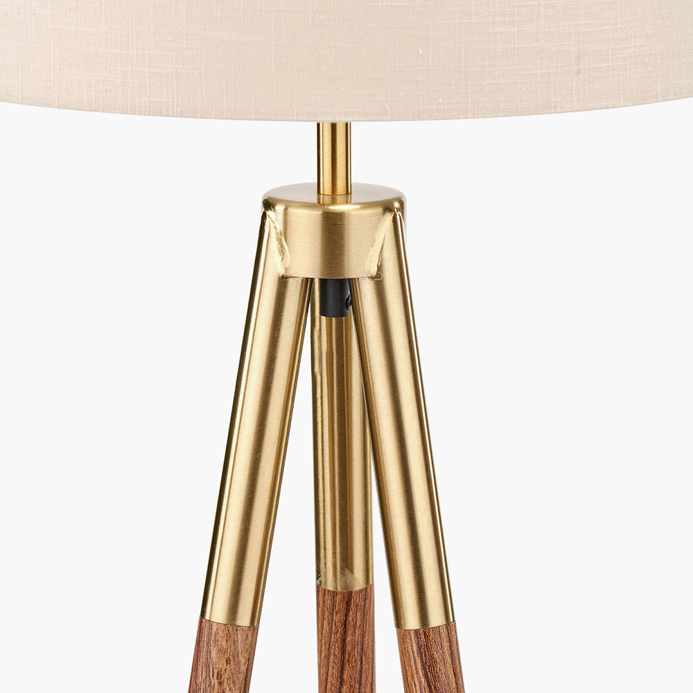 Traditional Dark Wood & Gold Tripod Floor Lamp with Natural Fabric Shade