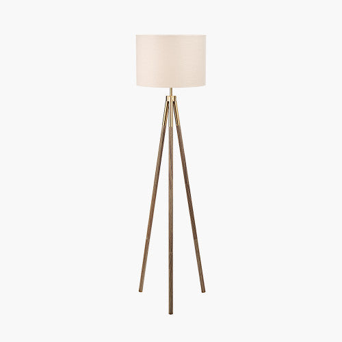 Modern Gold & Walnut Tripod Floor Lamp – Natural Fabric Shade  