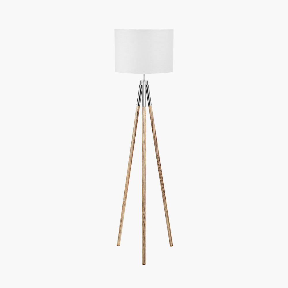 Modern Grey Wood Tripod Floor Lamp – White Fabric Shade & Silver Accents  