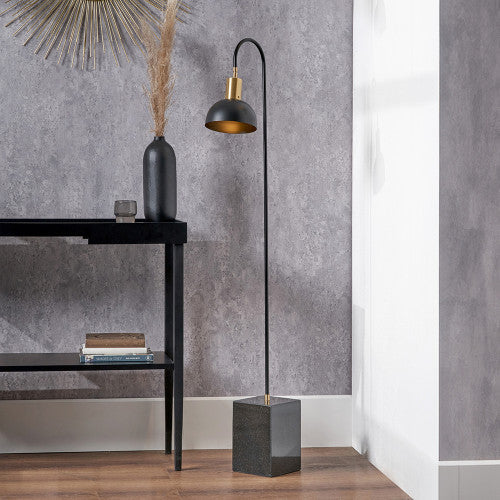 Contemporary Black & Gold Metal Floor Lamp with Marble Block Base 