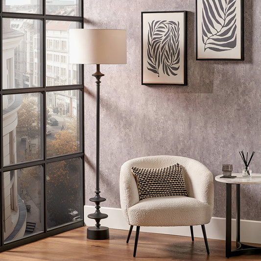Sophisticated Matt Black Floor Lamp – Ornate Metal Design & Fabric Shade  
