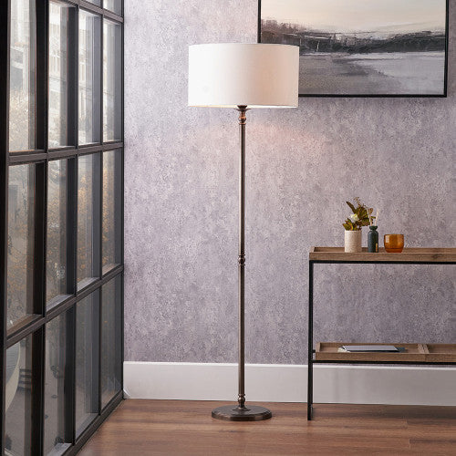 Classic Antique Bronze Floor Lamp – Brass Base & White Fabric Shade  