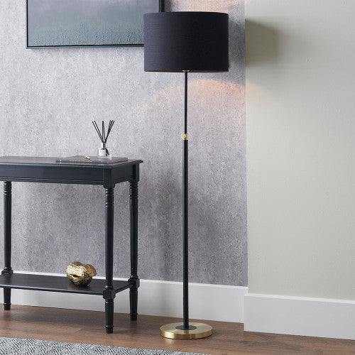 Elegant Black Floor Lamp – Gold Accents with Fabric Shade  