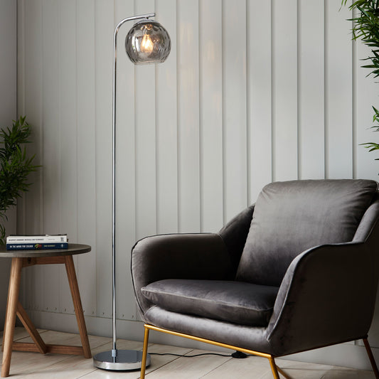 Modern Chrome Metal Floor Lamp with Single Glass Globe Shade 