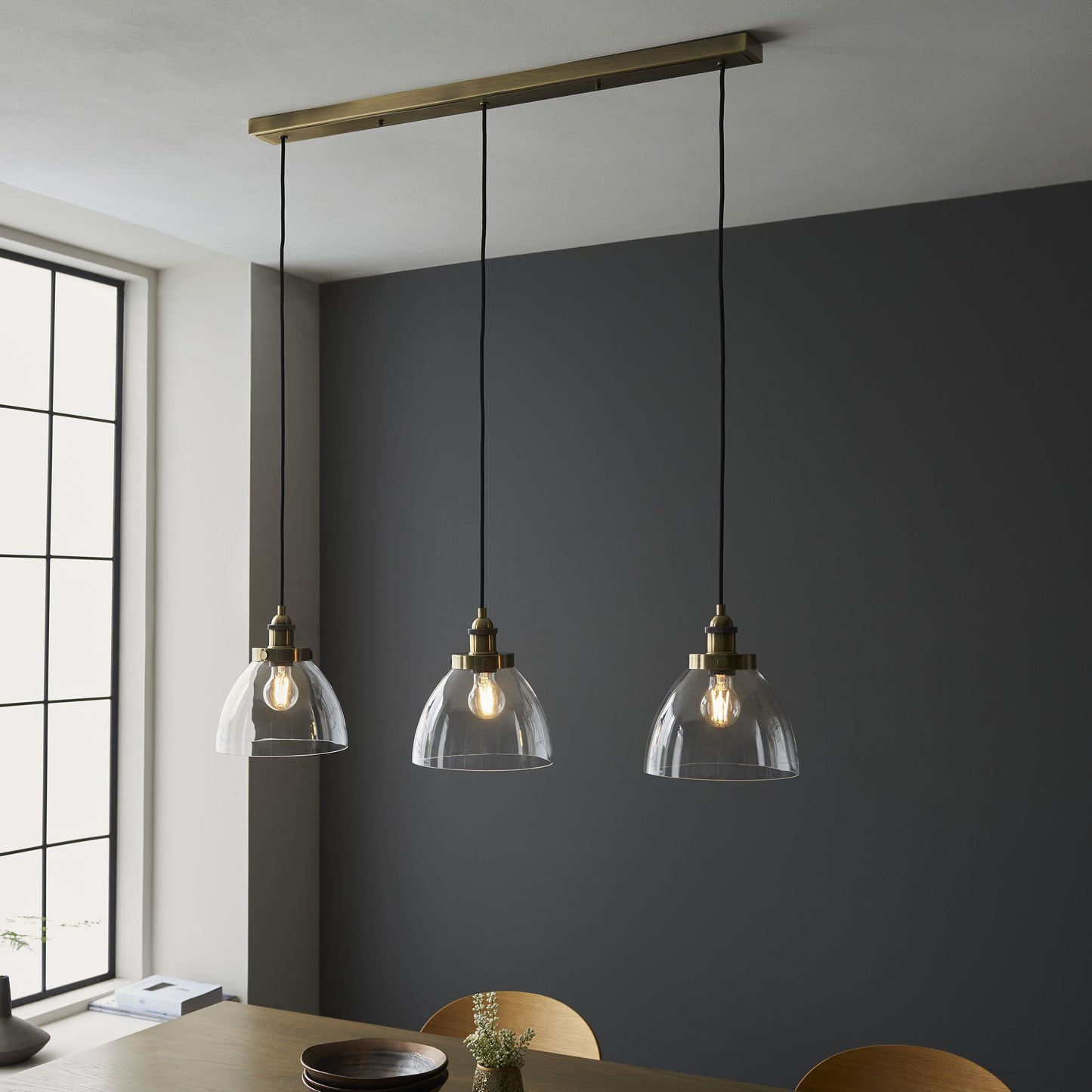Hansen Antique Brass & Glass 3 Pendant Ceiling Light