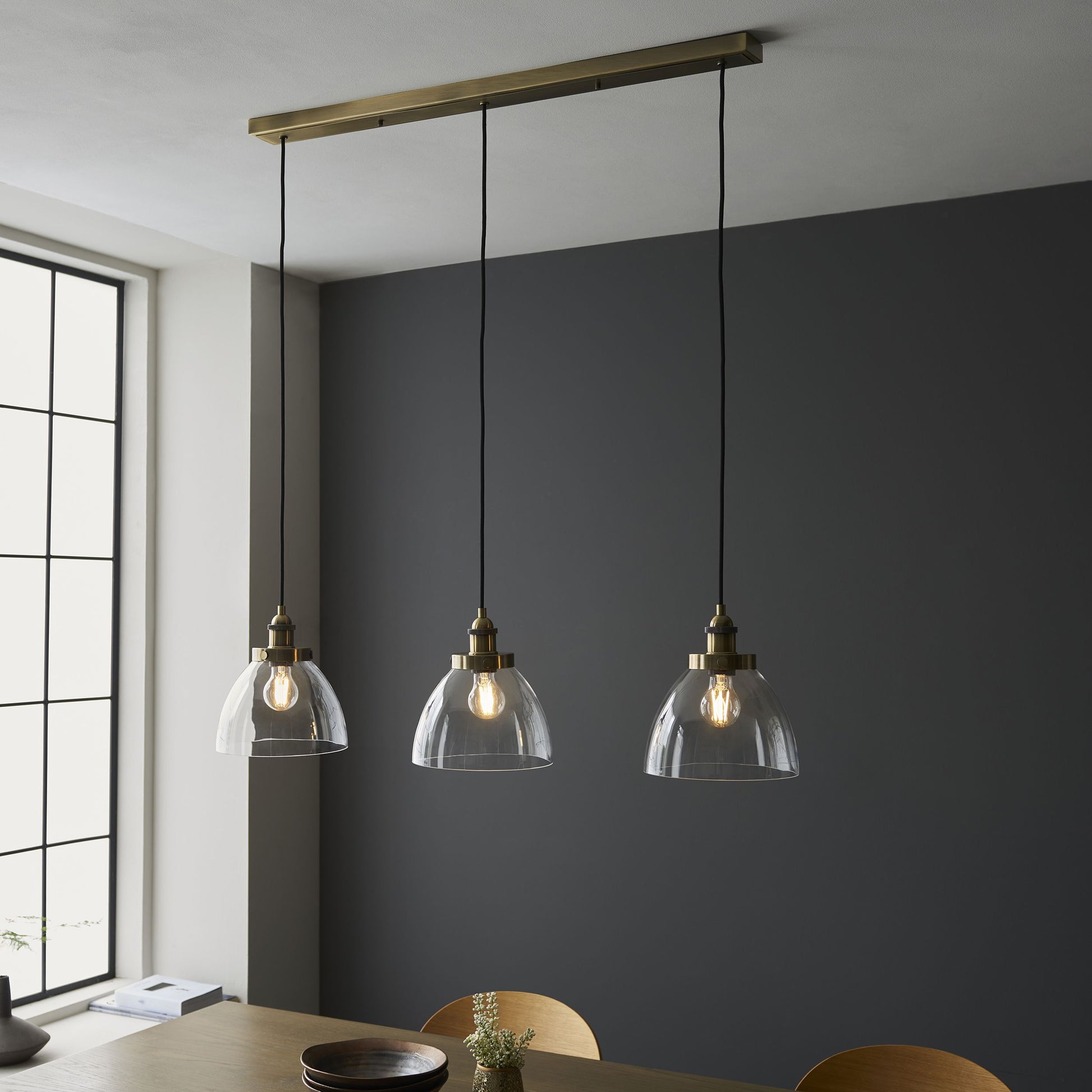 Hansen Antique Brass & Glass 3 Pendant Ceiling Light