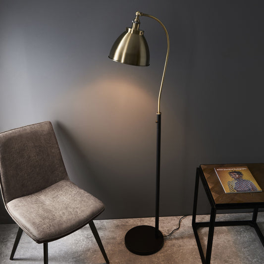 Modern Antique Brass & Black Metal Floor Lamp with Adjustable Height