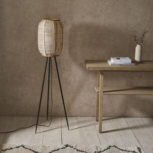 Rustic Black Tripod Floor Lamp – Natural Bamboo Shade & Steel Frame  