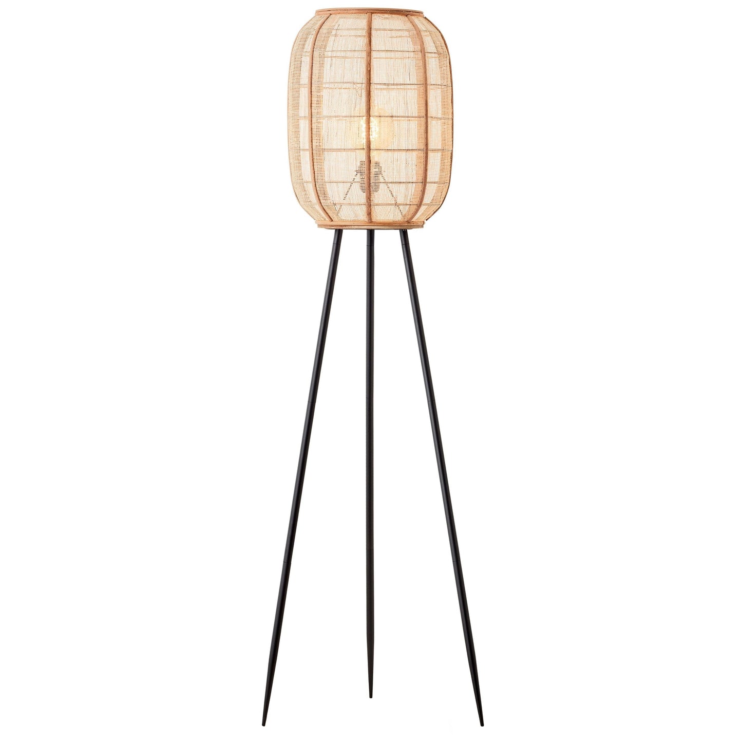 Black Metal Tripod Floor Lamp with Natural Bamboo Shade - 132.5cm
