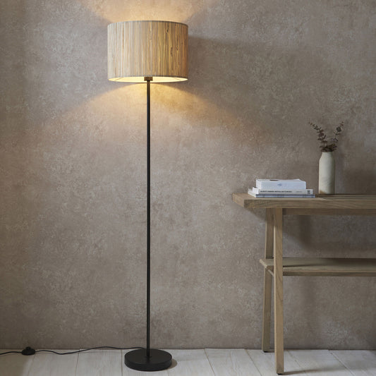Rustic Black Floor Lamp – Natural Seagrass Shade & Steel Frame  