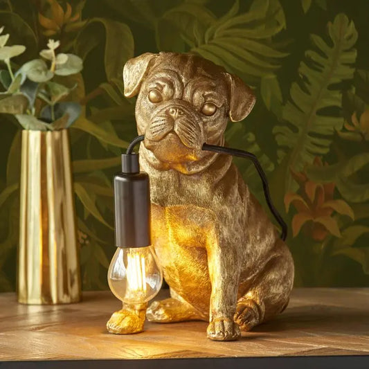 Quirky Vintage Gold Pug Puppy Dog Table Lamp - 23cm