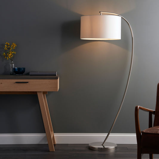 Elegant Silver & Vintage White Floor Lamp – Curved Steel Design  