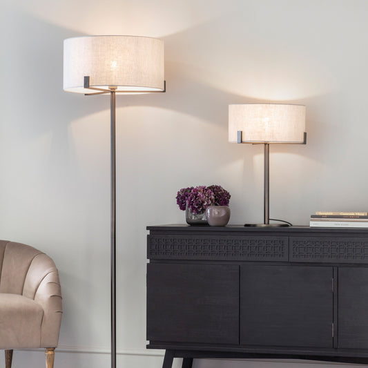 Elegant Brushed Bronze Floor Lamp – Natural Fabric Shade  