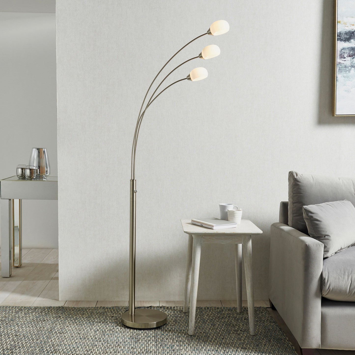 Modern Brushed Nickel Adjustable 3 Arm Floor Lamp with White Glass Shade