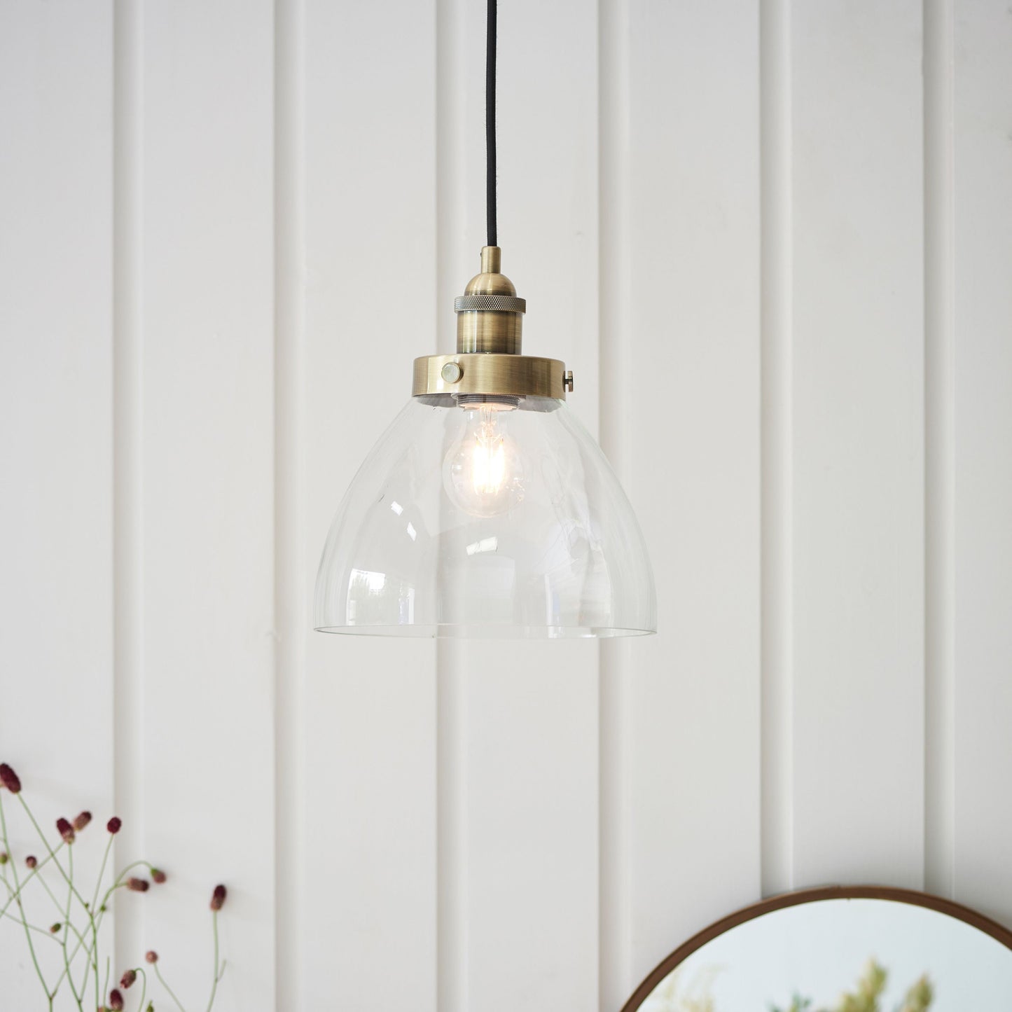 Hansen Antique Brass & Clear Glass Single Pendant Ceiling Light