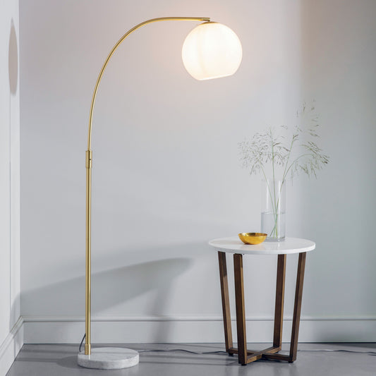 Elegant Brushed Brass Arched Floor Lamp – Glass Shade & Marble Base  
