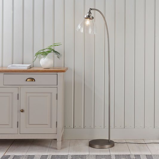 Elegant Clear Glass & Silver Floor Lamp – Curved Steel Design  