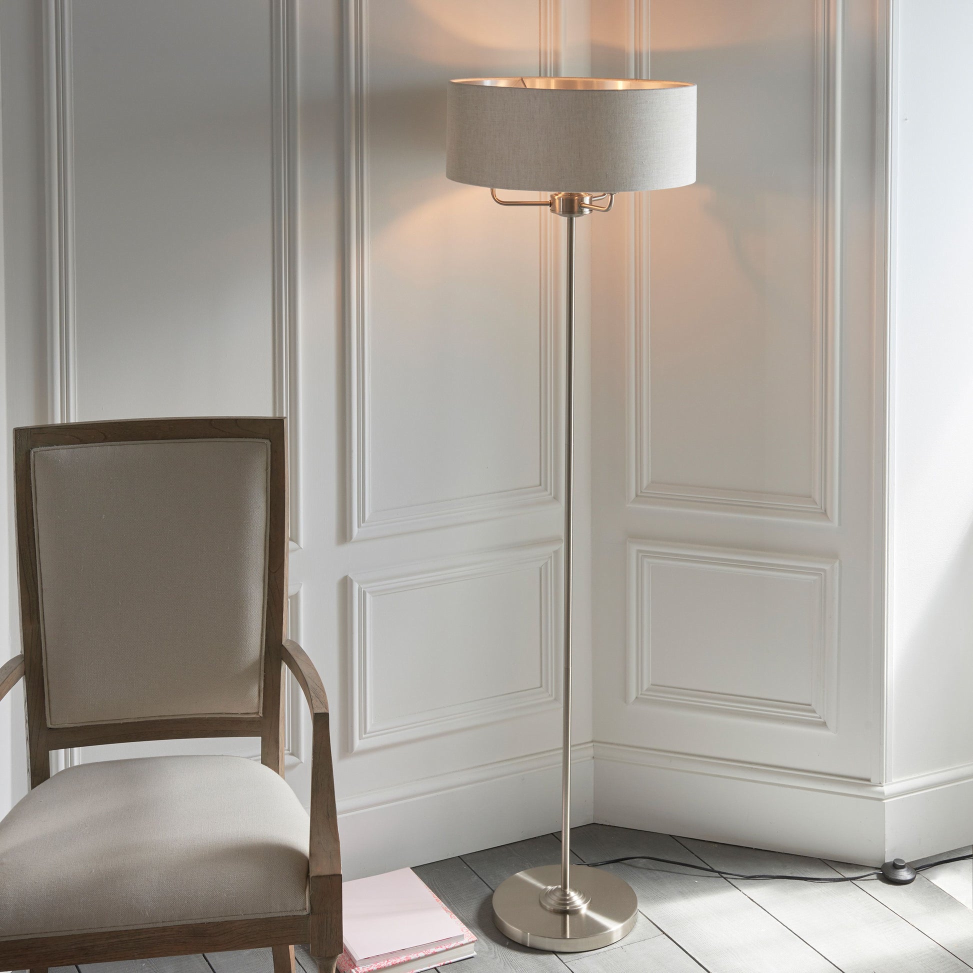 Elegant Chrome & Natural Floor Lamp – Modern Fabric Shade Design  